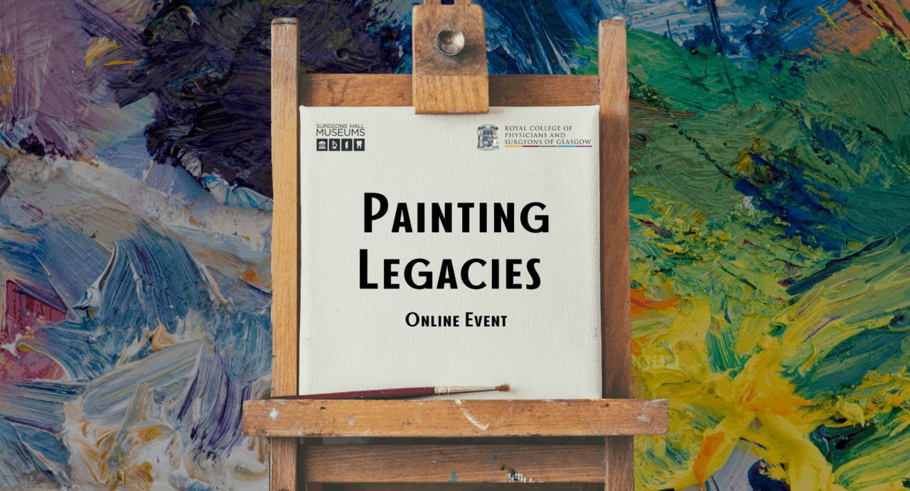 An easel in front of a colourful painted background