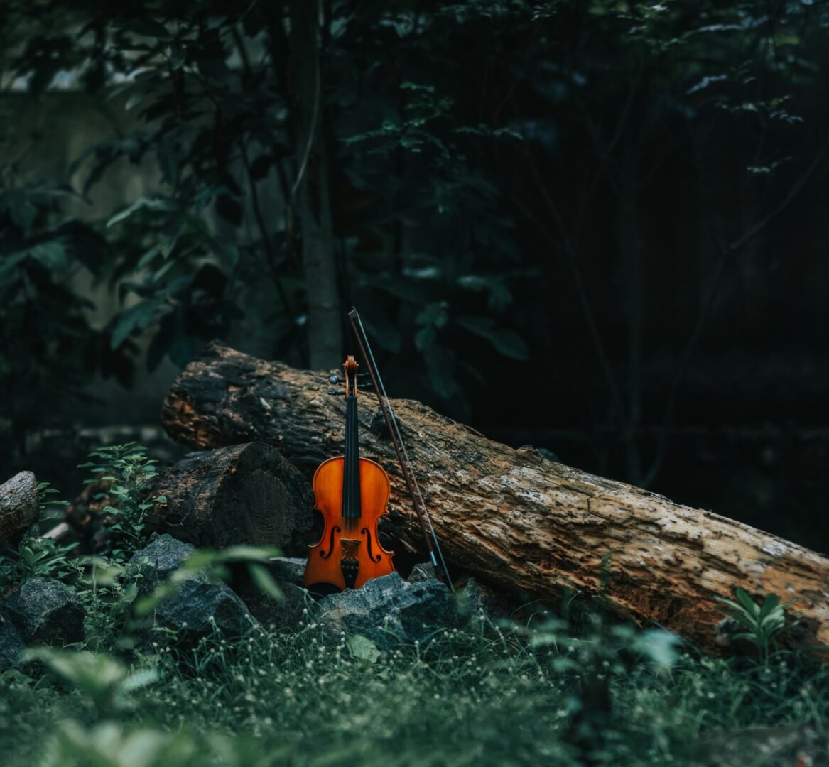A violin leaning against a log, surrounded by green plants